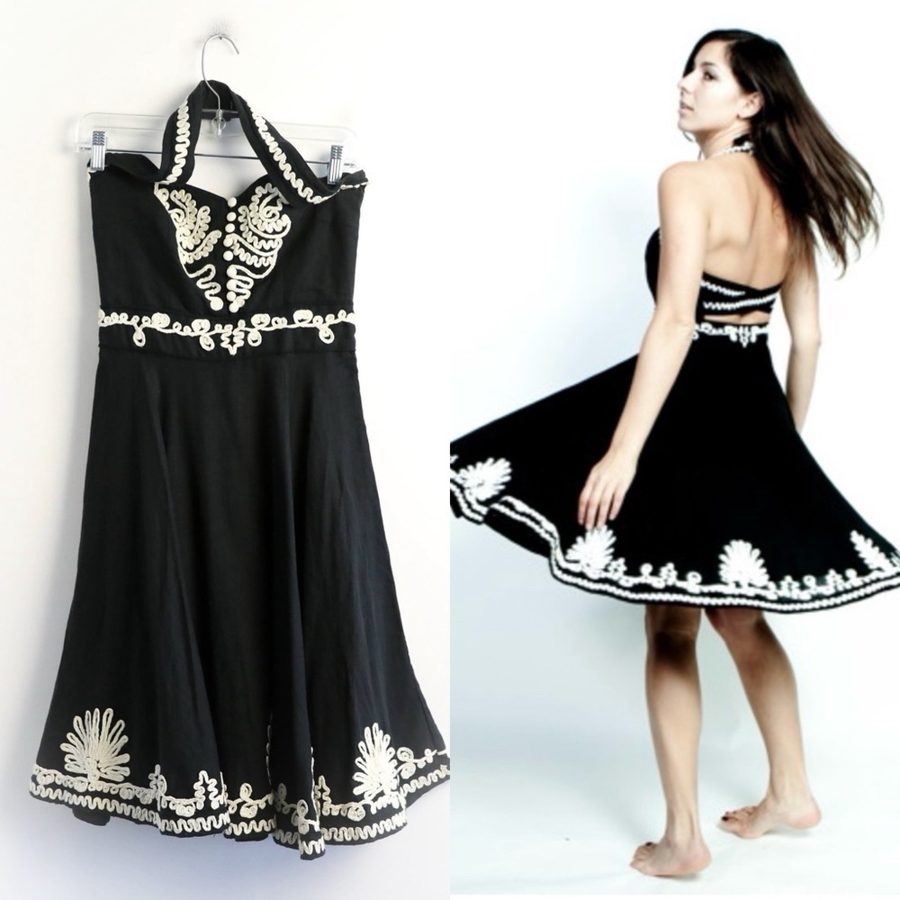 French Connection Bohemian Dress Black Embroidered Halterneck Linen Cotton 4 S
